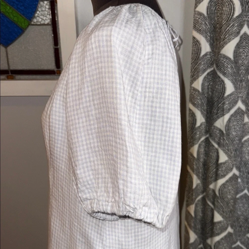 J Crew Gingham 100% Linen Midi Dress Puff Sleeve SZ 12
